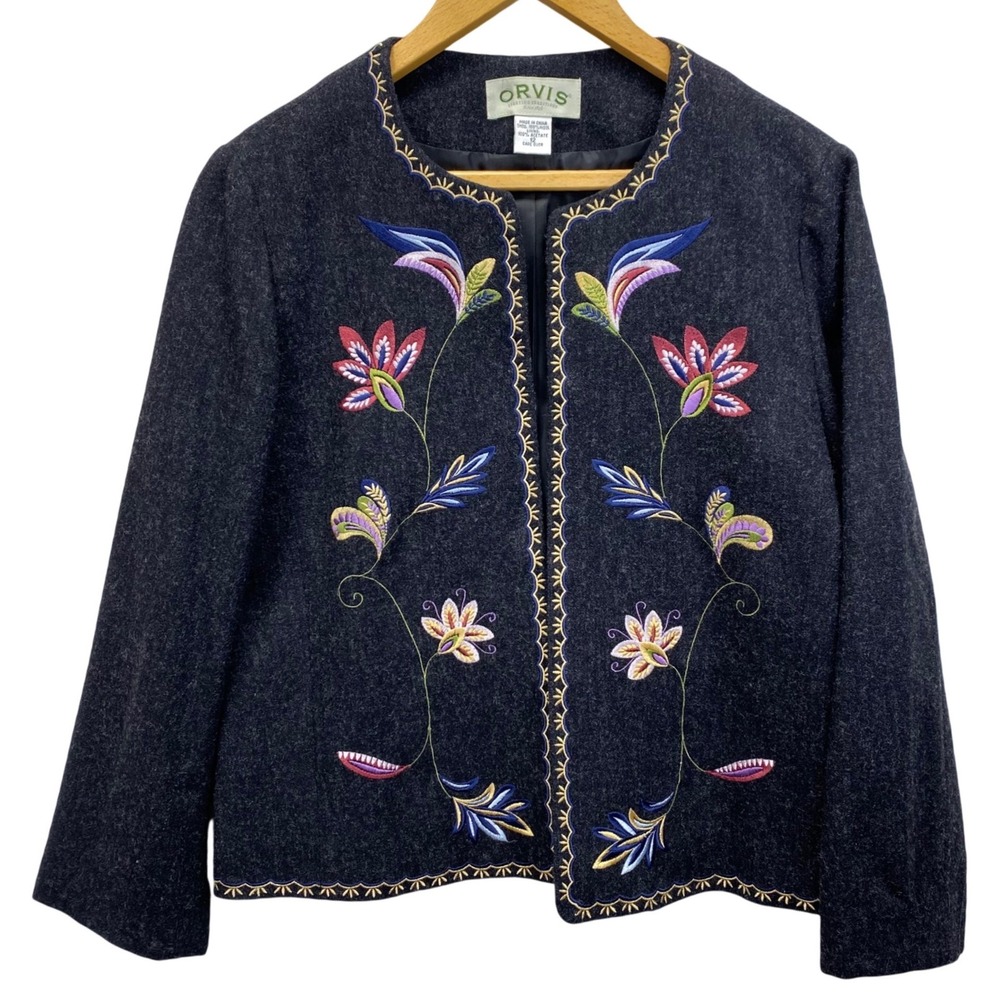 Orvis Womens 12 Charcoal Grey 100% Wool Floral Embroidered Open Front Blazer VTG